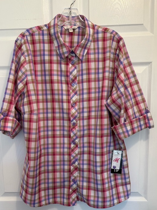 Morgan Crossing Tops - Morgan Crossing Pink Plaid Button-Up 3/4 Sleeve Blouse Women’s Size 16